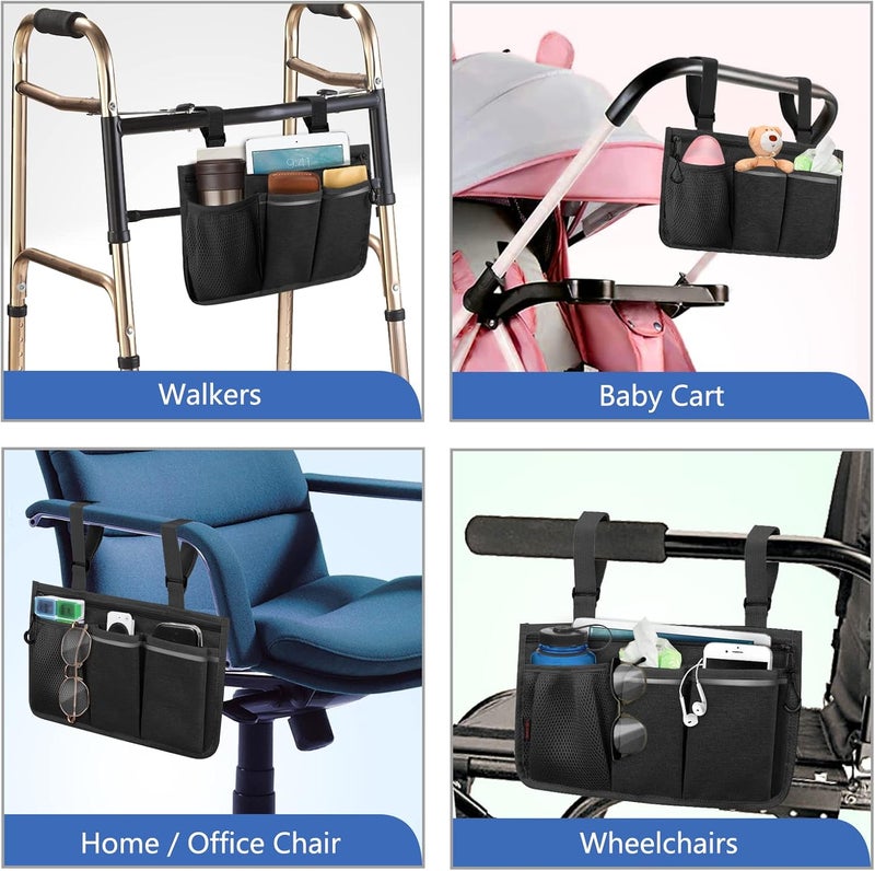 FINPAC Wheelchair Side Storage Bag - Wheelchair Armrest Accessories Organizers Pouch with Reflective Strips and Name Card Slot for Walkers, Mobility Scooters, Rollators (Black) - Image 5